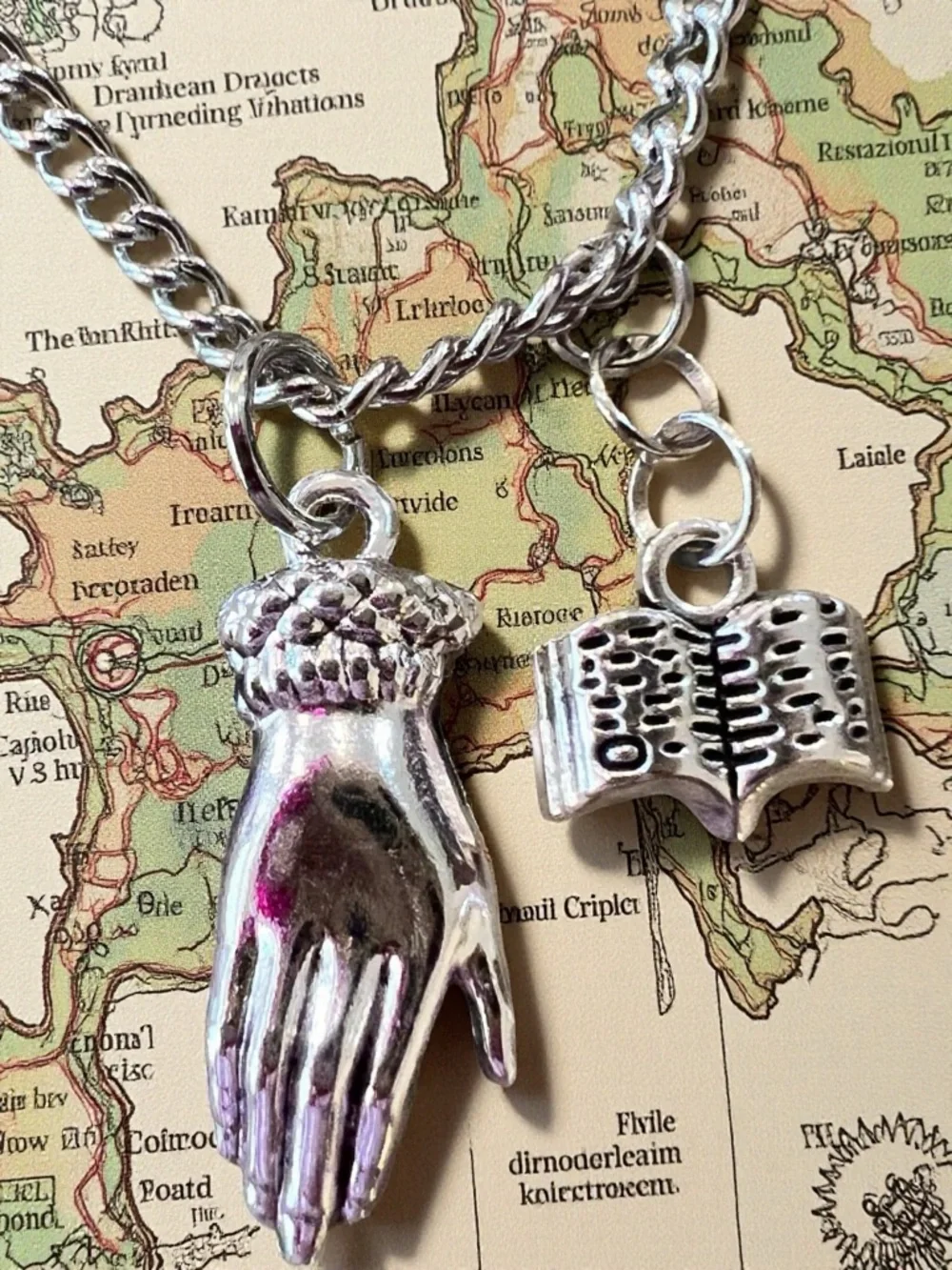 DND Wizard Silver Toned Hand Charm Necklace with Book